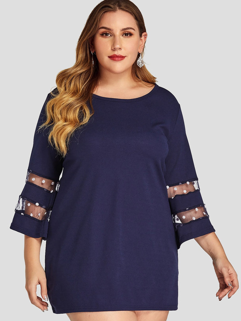 Round Neck Long Sleeve Navy Plus Size Dress