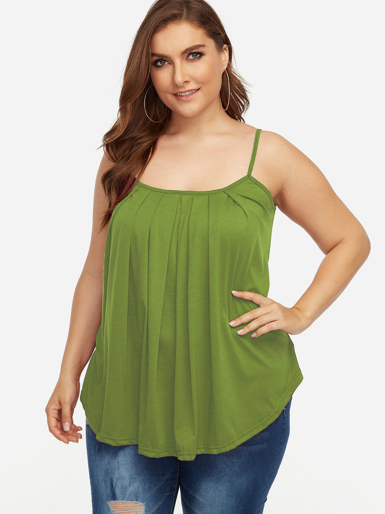 Square Neck Plain Pleated Spaghetti Strap Sleeveless Curved Hem Green Plus Size Tops