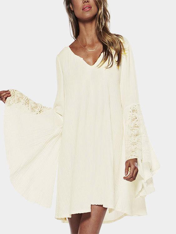 V-Neck Lace Long Sleeve Irregular Hem Beige Dresses