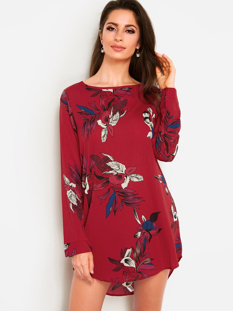 Burgundy Round Neck Long Sleeve Floral Print Curved Hem Dresses