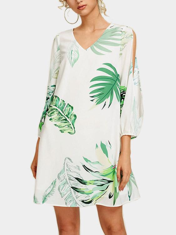 White V-Neck Cold Shoulder 3/4 Length Sleeve Printed Dresses