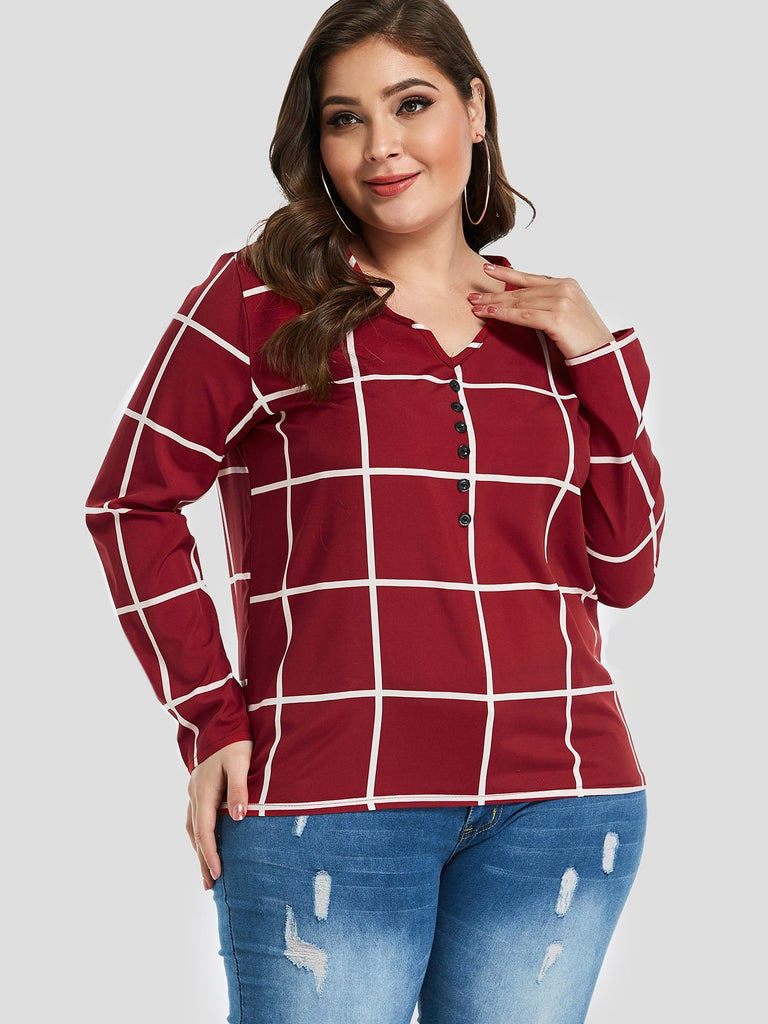 V-Neck Grid Long Sleeve Plus Size Tops