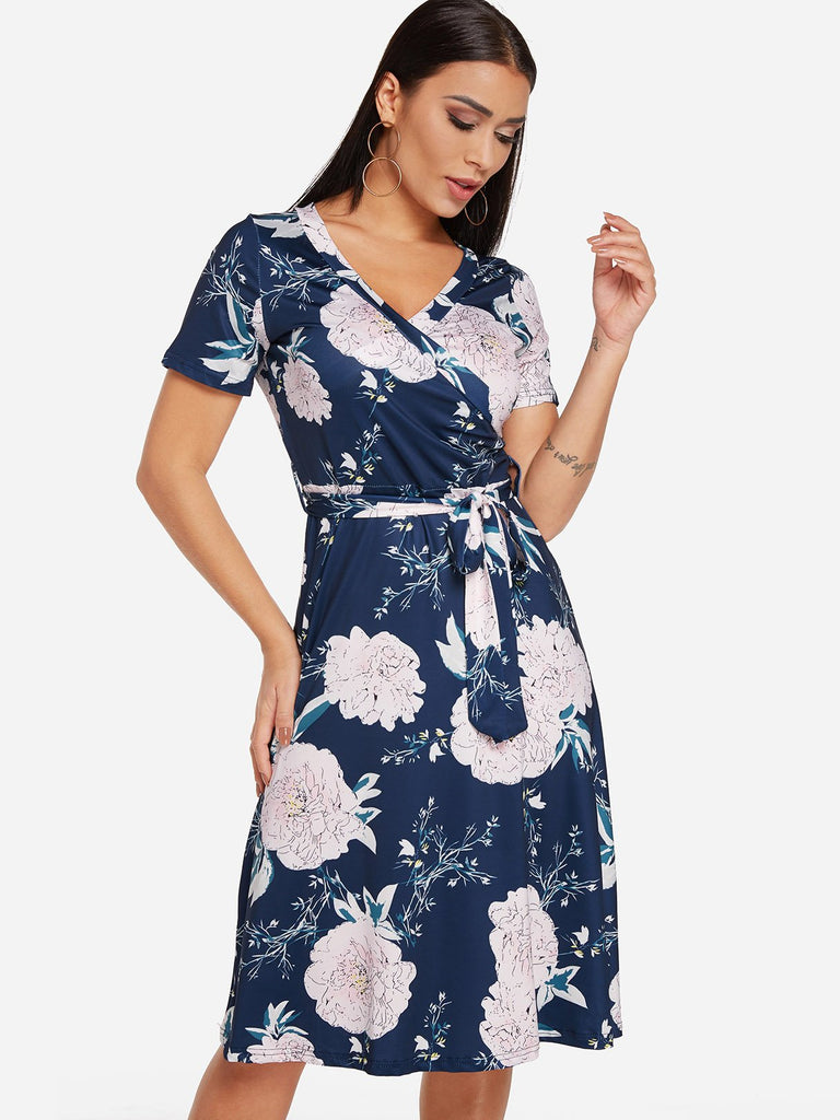 V-Neck Short Sleeve Floral Print Self-Tie Dresses