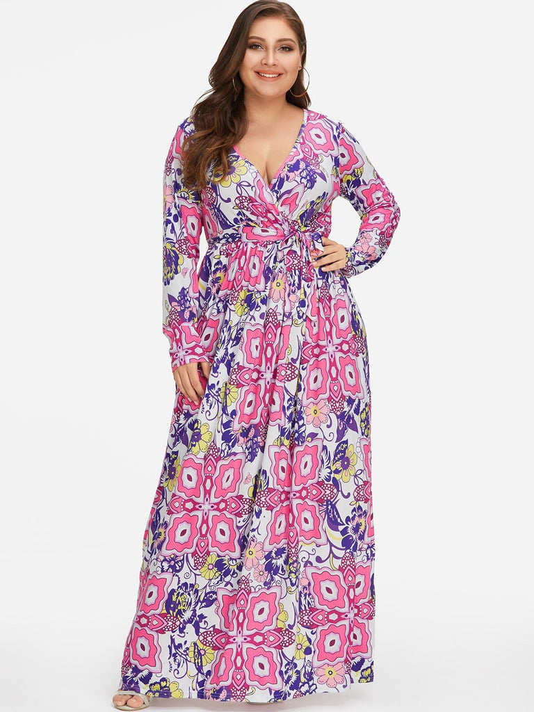 V-Neck Floral Print Self-Tie Wrap Long Sleeve Plus Size Dress