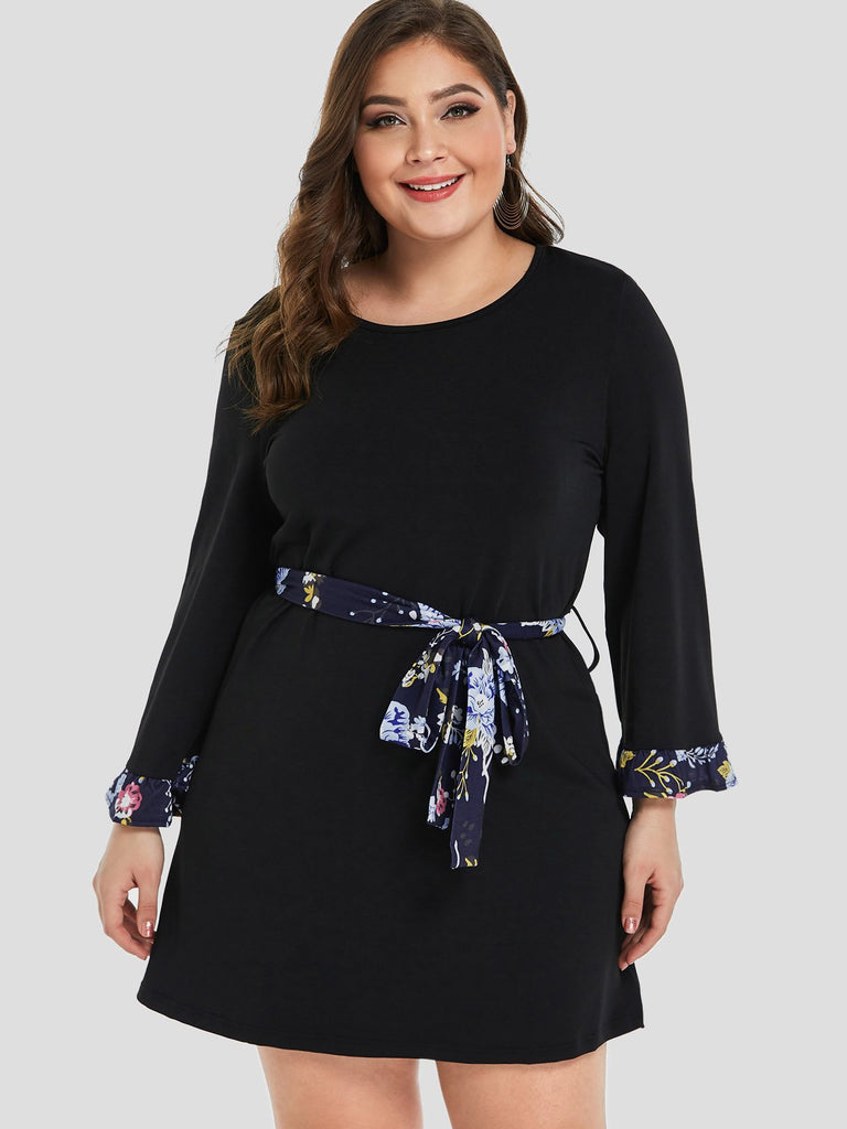 Round Neck Plain Self-Tie Long Sleeve Black Plus Size Dress