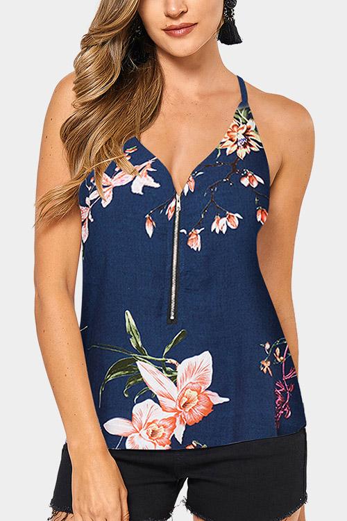 Deep V-Neck Floral Print Zip Back Spaghetti Strap Sleeveless Camis