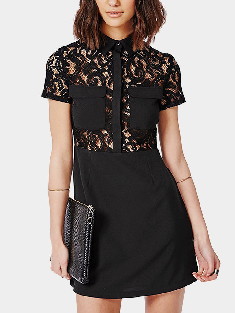 Black Short Sleeve Lace Mini Dress