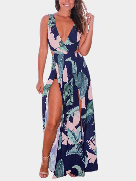 Navy V-Neck Sleeveless Floral Print Backless Slit Hem Maxi Dresses