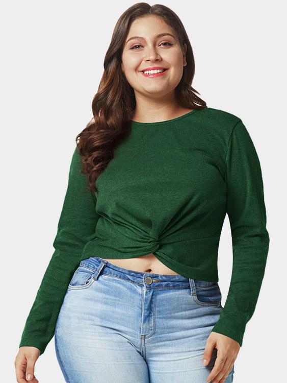 Round Neck Plain Twist Long Sleeve Green Plus Size Tops