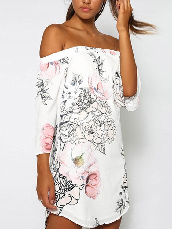 White Off The Shoulder 3/4 Sleeve Length Floral Print Dresses