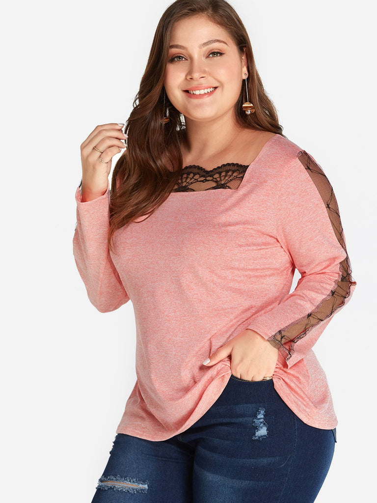 Square Neck Plain Long Sleeve Plus Size Tops