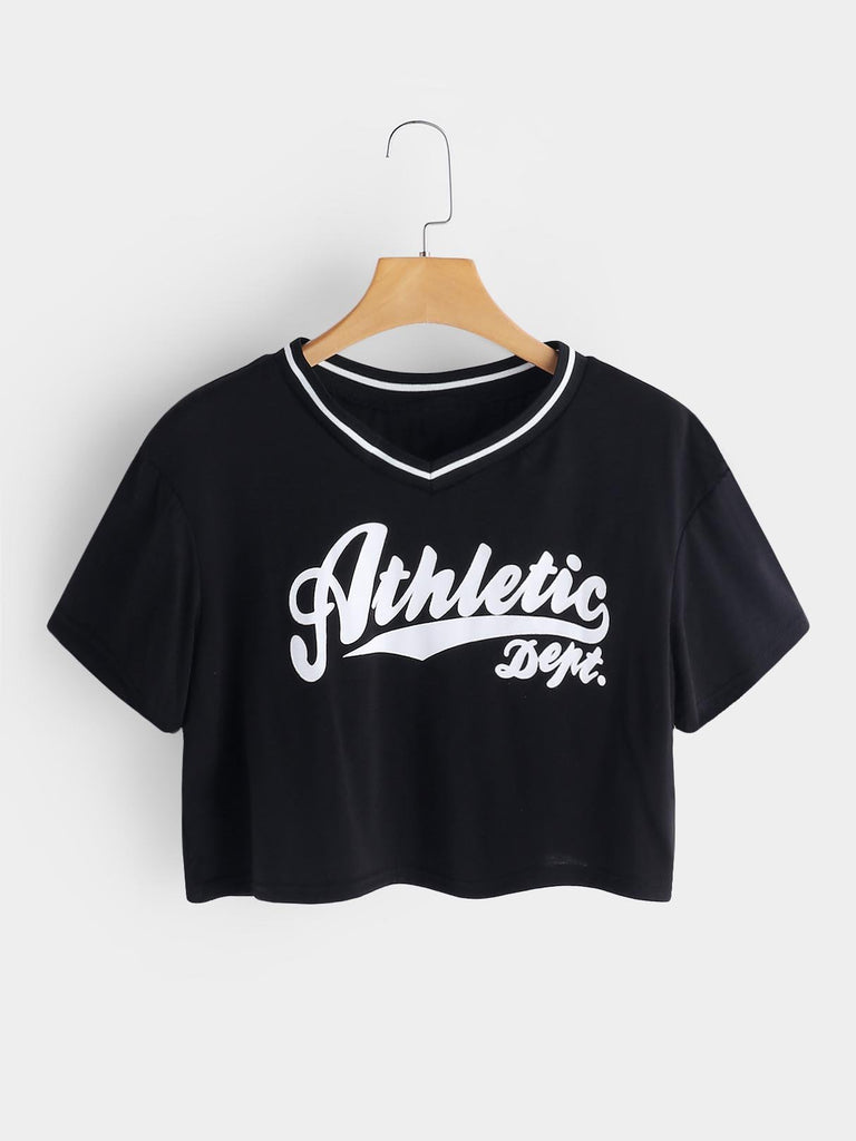 V-Neck Letter Printed Short Sleeve Black T-Shirts