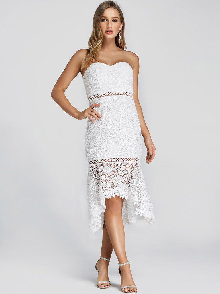 White Tube Top Sleeveless Lace Backless Hollow See Through Sexy Dresses