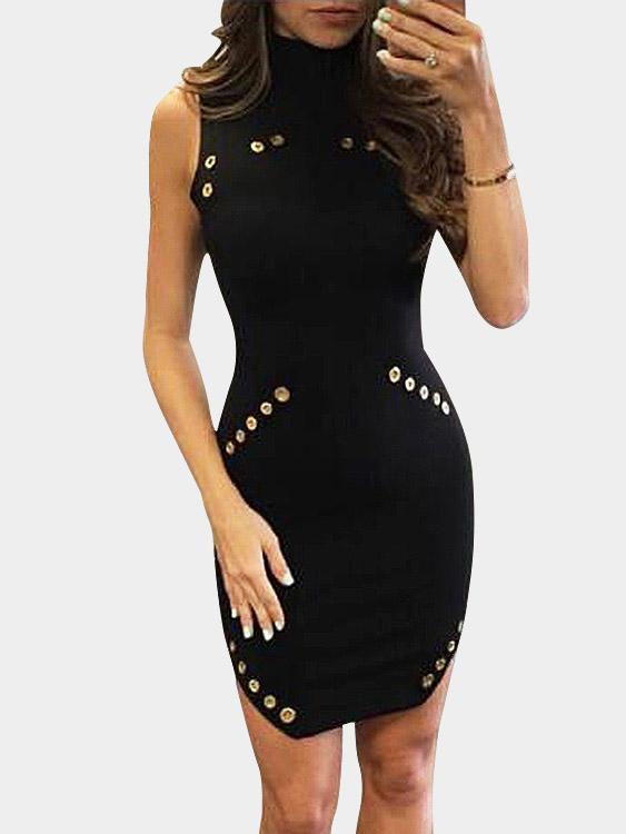 Perkins Collar Sleeveless Irregular Hem Black Sexy Dresses