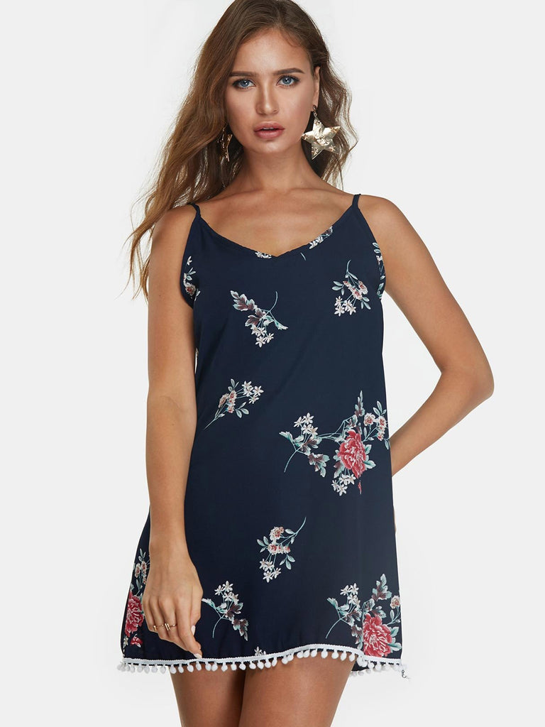 V-Neck Floral Print Backless Spaghetti Strap Belt Mini Dresses