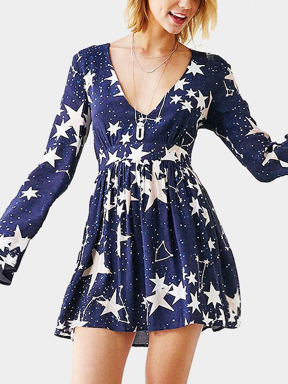 Navy V-Neck Long Sleeve Star Mini Dresses