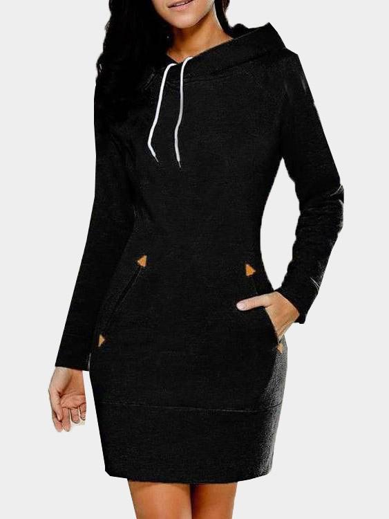 Crew Neck Long Sleeve Plain Zip Back Side Pockets Hooded Black Casual Dresses