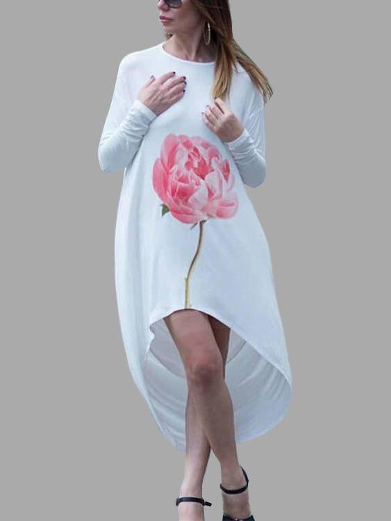 White Round Neck Long Sleeve Floral Print Irregular Hem Dresses