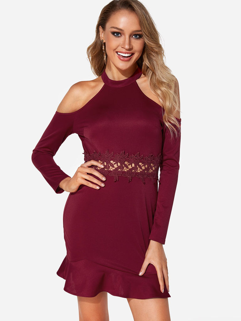 Burgundy Cold Shoulder Long Sleeve Plain Lace Flounced Hem Sexy Dresses