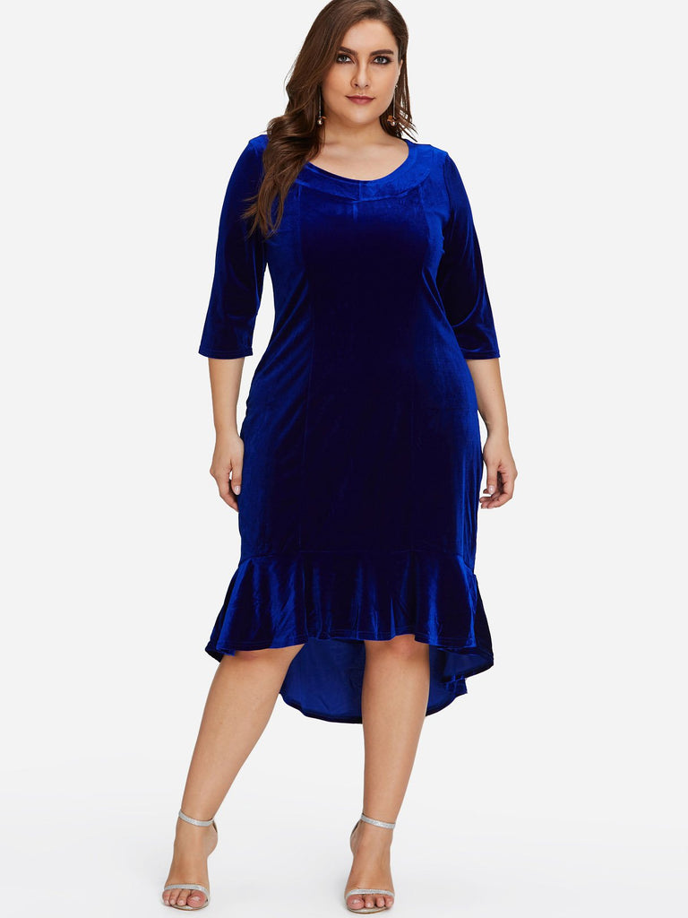 Round Neck Plain 3/4 Sleeve Flounced Hem Plus Size Dress