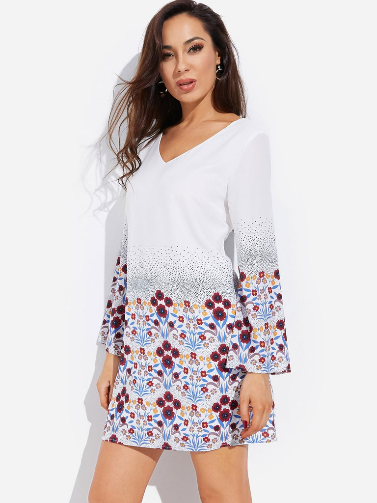 V-Neck Long Sleeve Floral Print Backless Cut Out Dresses