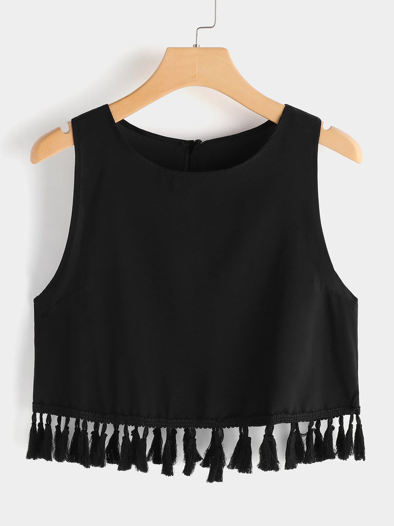 Crew Neck Plain Tassel Sleeveless Camis