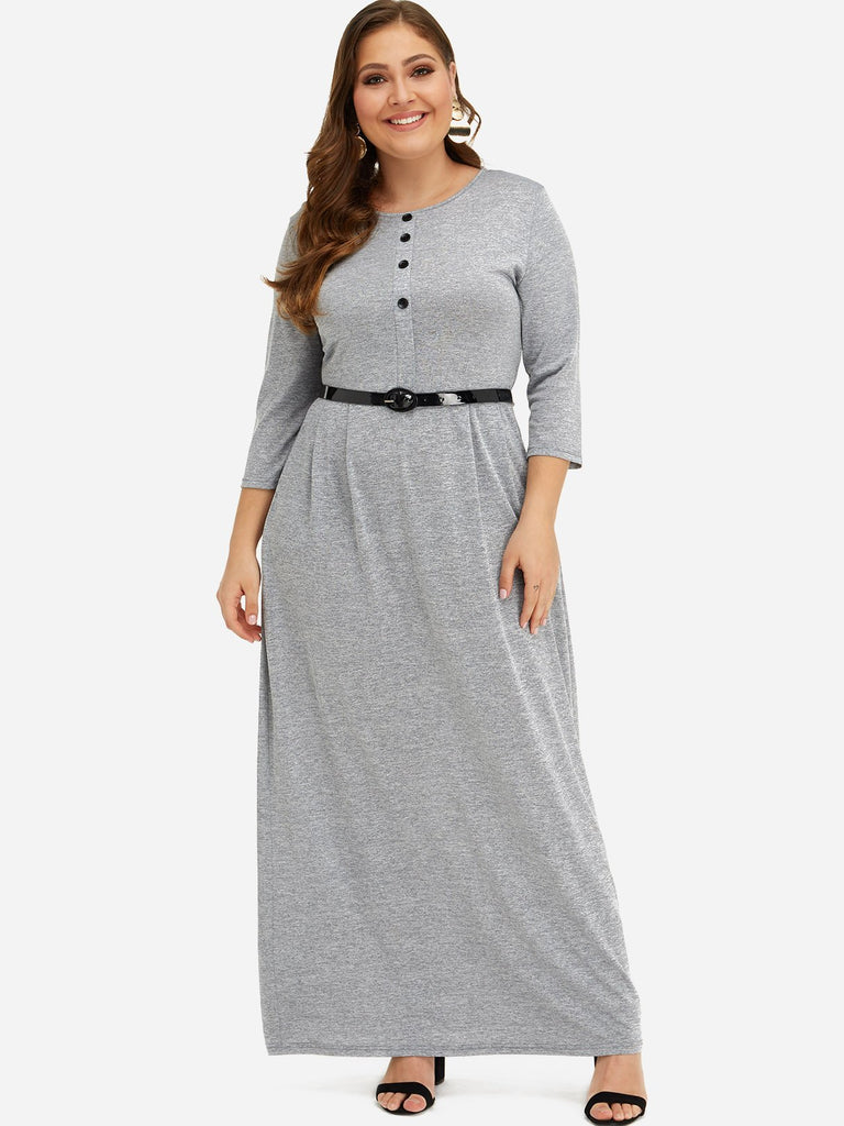 Round Neck Plain Belt 3/4 Sleeve Grey Plus Size Dress