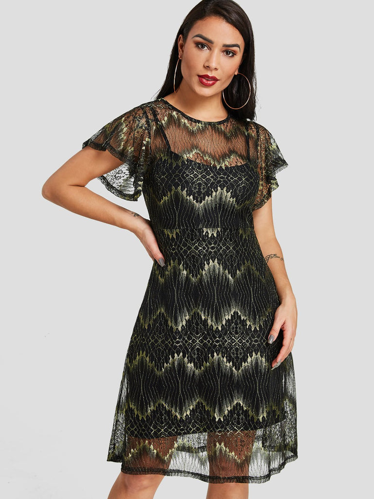 Black Square Neck Short Sleeve Snake Spaghetti Strap See Through Sexy Dress