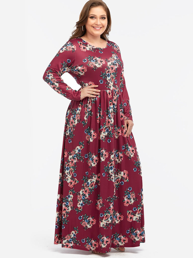 Round Neck Floral Print Long Sleeve Plus Size Maxi Dresses