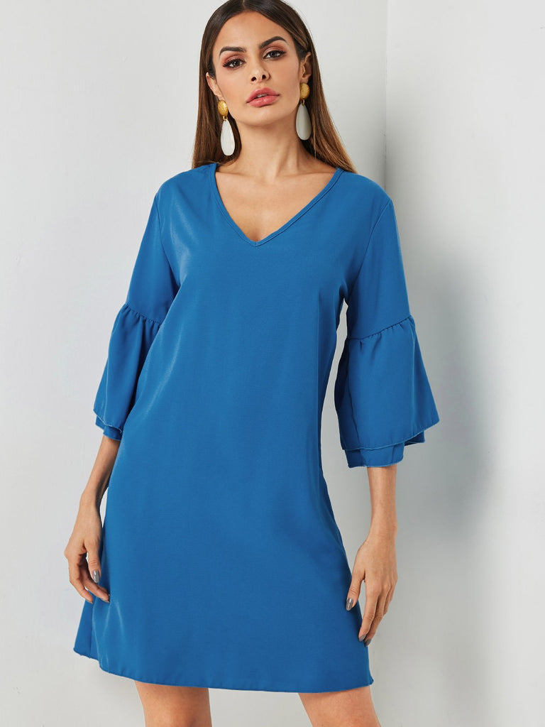 Blue V-Neck Half Sleeve Dresses