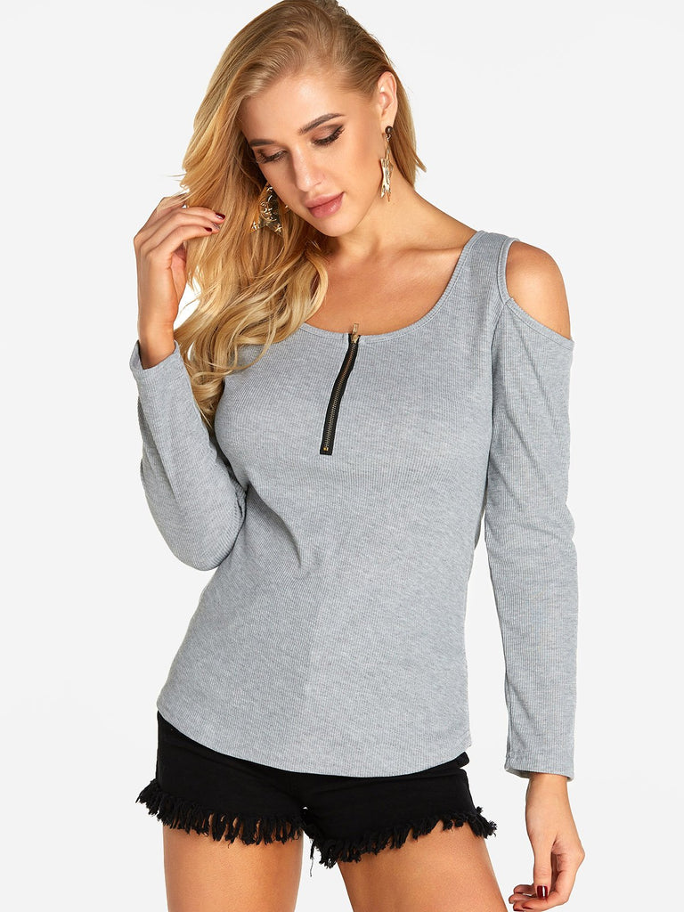 V-Neck Cold Shoulder Zip Back Long Sleeve Grey T-Shirts