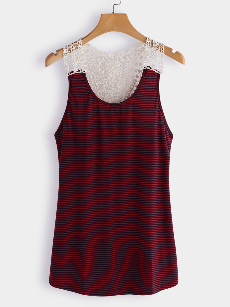 Round Neck Stripe Lace Sleeveless Burgundy Camis