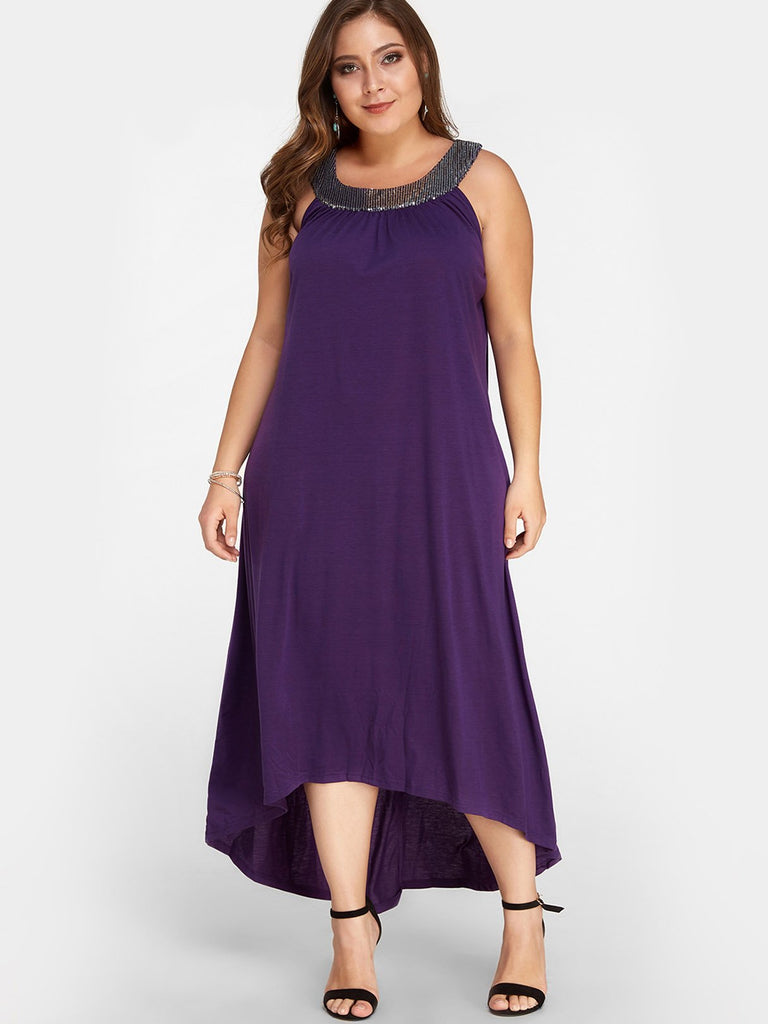 Round Neck Plain Sequins Embellished Sleeveless Curved Hem Purple Plus Size Dresses