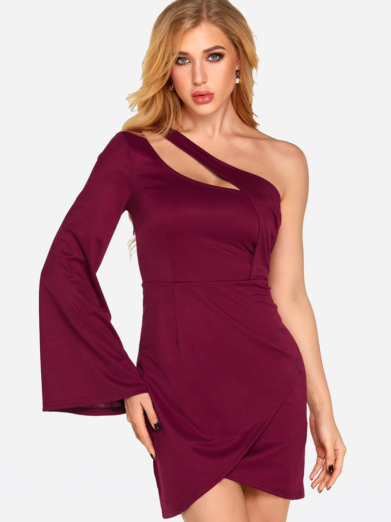 Burgundy One Shoulder Long Sleeve Plain Cut Out Irregular Hem Sexy Dresses