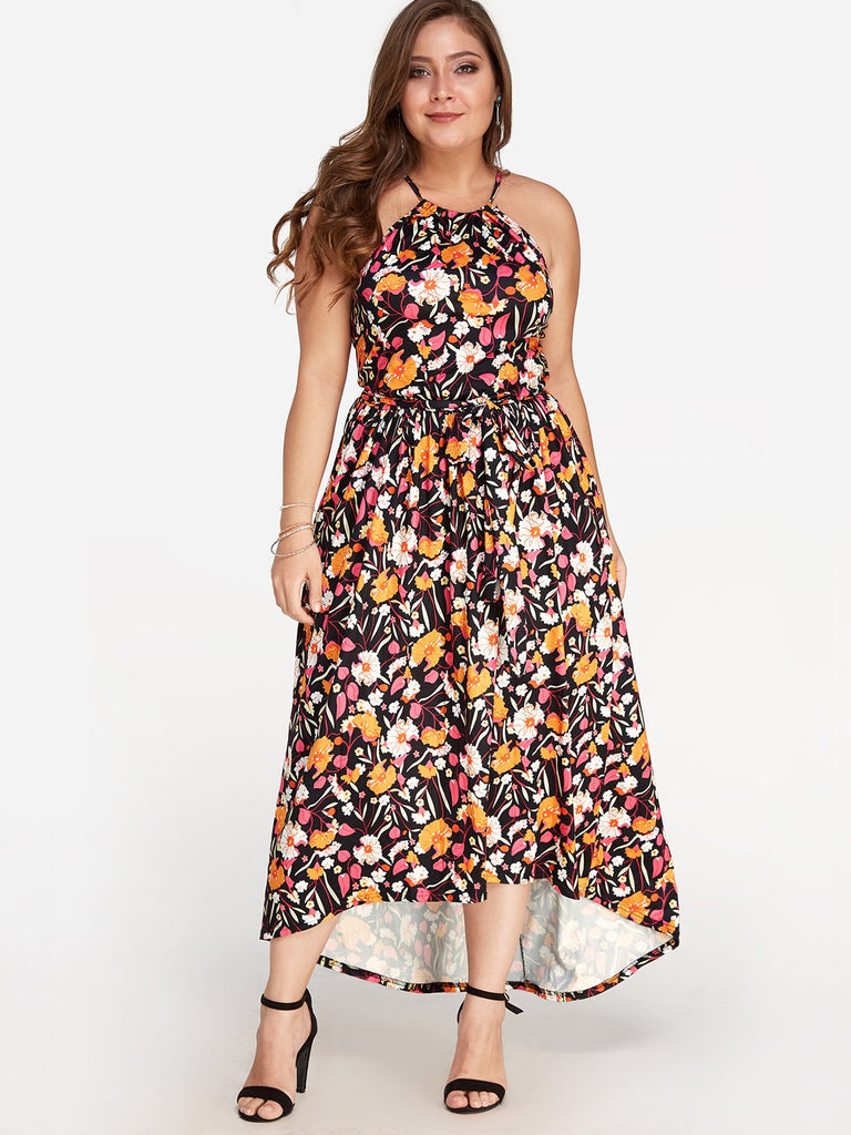 Halter Floral Print Pleated Sleeveless Plus Size Maxi Dress