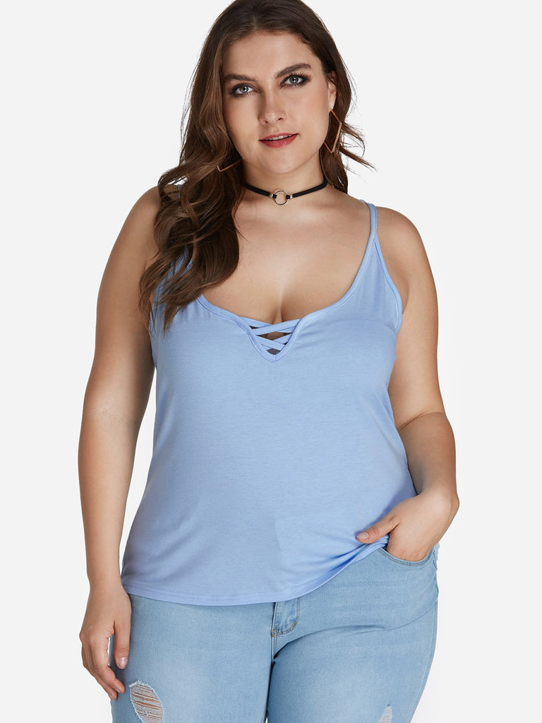 Plain Criss-Cross Sleeveless Sky Blue Plus Size Tops