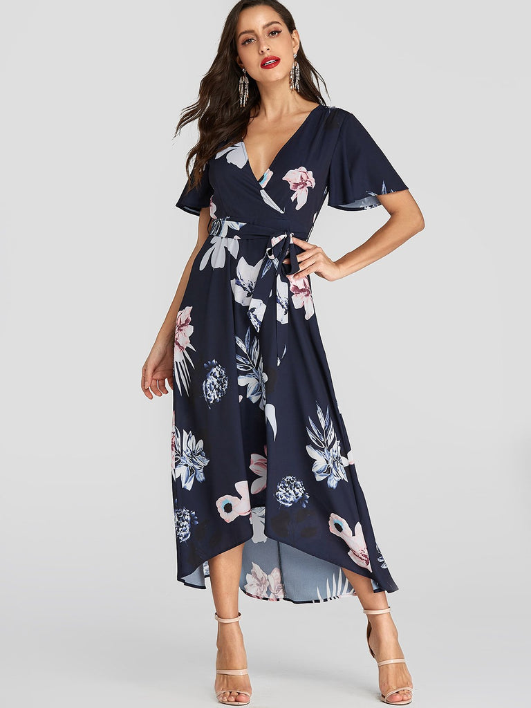 Navy V-Neck Short Sleeve Floral Print Belt Self-Tie Wrap Irregular Hem Dresses