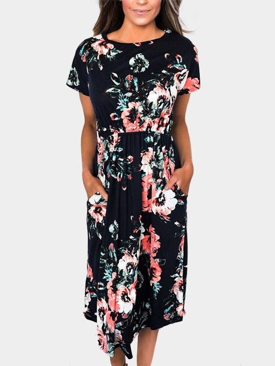 Round Neck Short Sleeve Floral Print Dresses