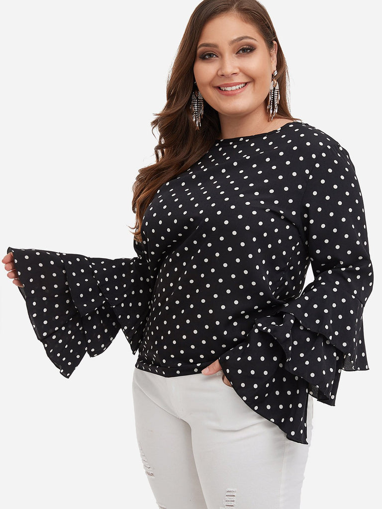 Round Neck Polka Dot Tiered Long Sleeve Plus Size Tops