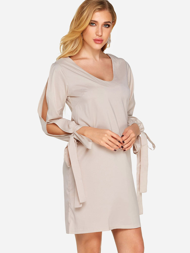 V-Neck Long Sleeve Plain Apricot Dress