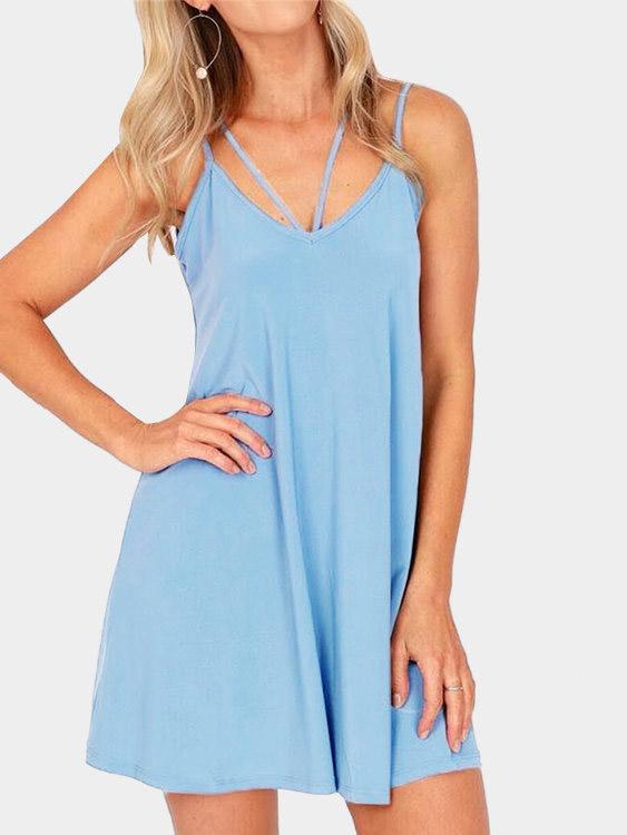 Blue Sleeveless Plain Mini Dress