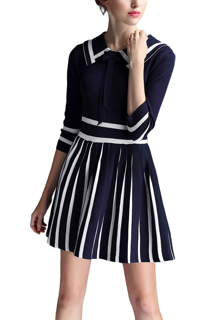 Navy 3/4 Length Sleeve Stripe Ruffle Hem Casual Dress