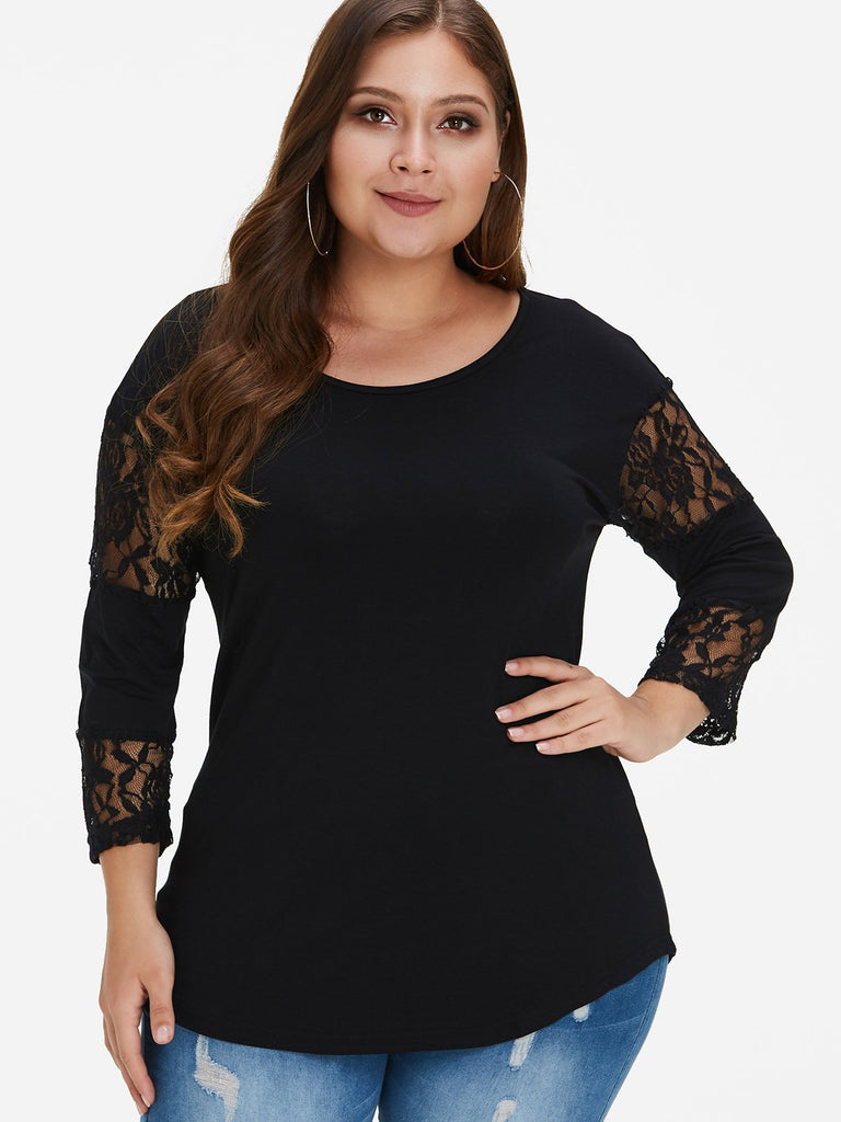 Round Neck Plain Lace See Through Long Sleeve Black Plus Size Tops