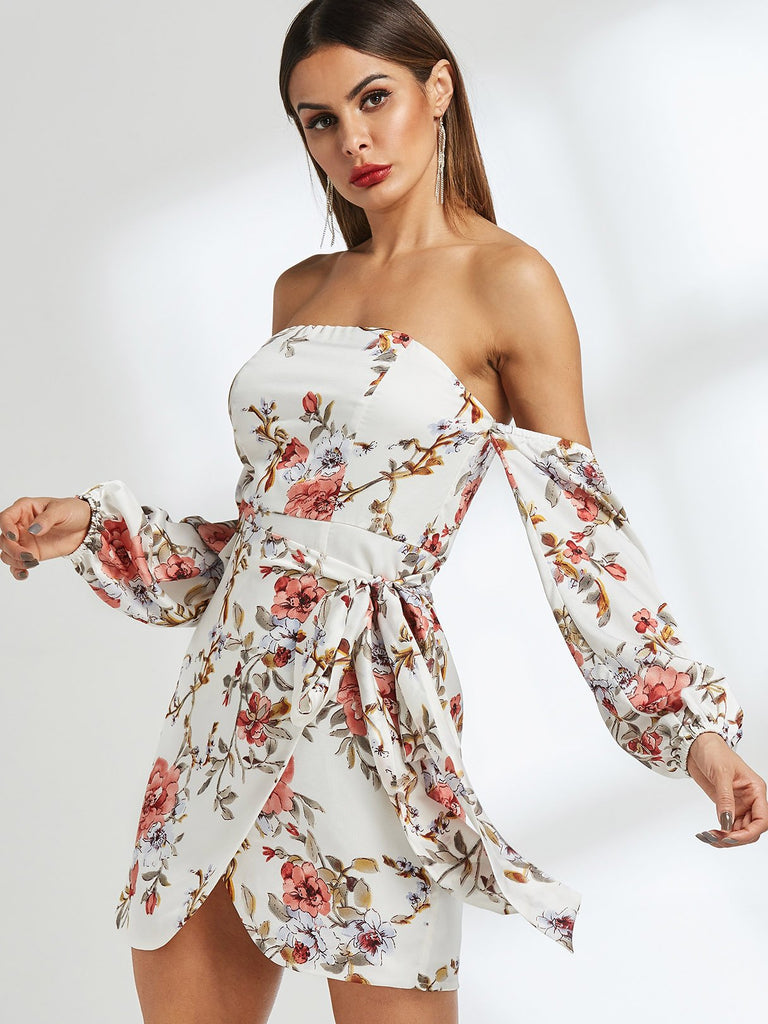 White Strapless Long Sleeve Floral Print Self-Tie Irregular Hem Dresses