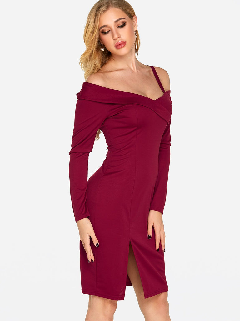 Burgundy V-Neck One Shoulder Long Sleeve Plain Slit Hem Sexy Dress