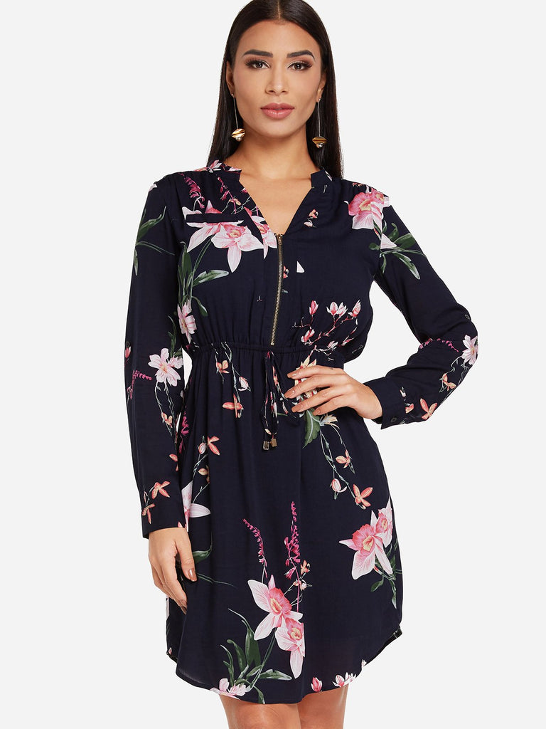 Navy V-Neck Long Sleeve Floral Print Zip Back Side Pockets Curved Hem Dresses