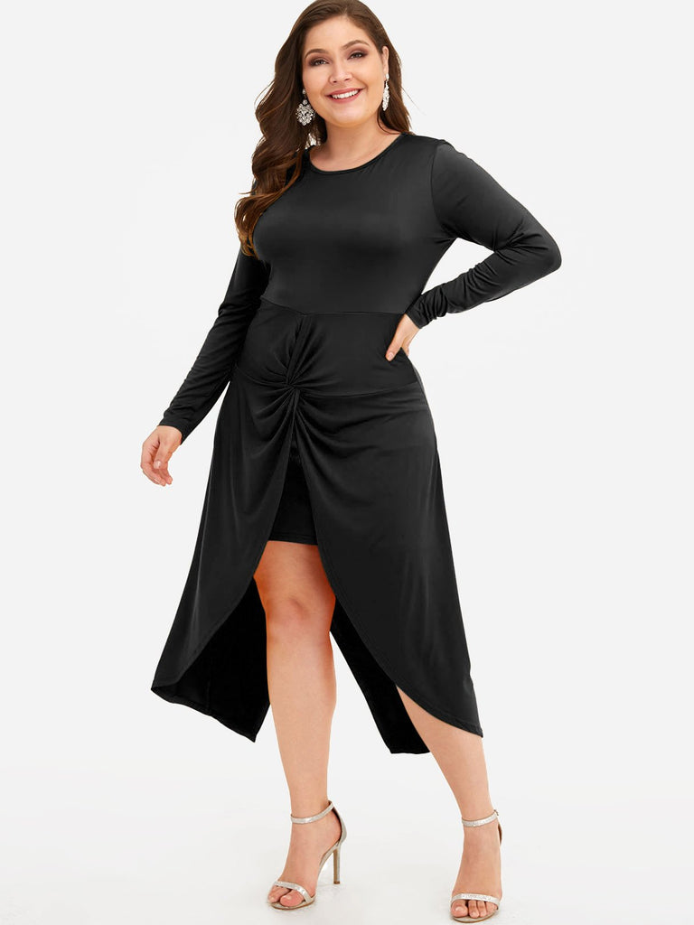 Round Neck Plain Tiered Long Sleeve Curved Hem Black Plus Size Dresses