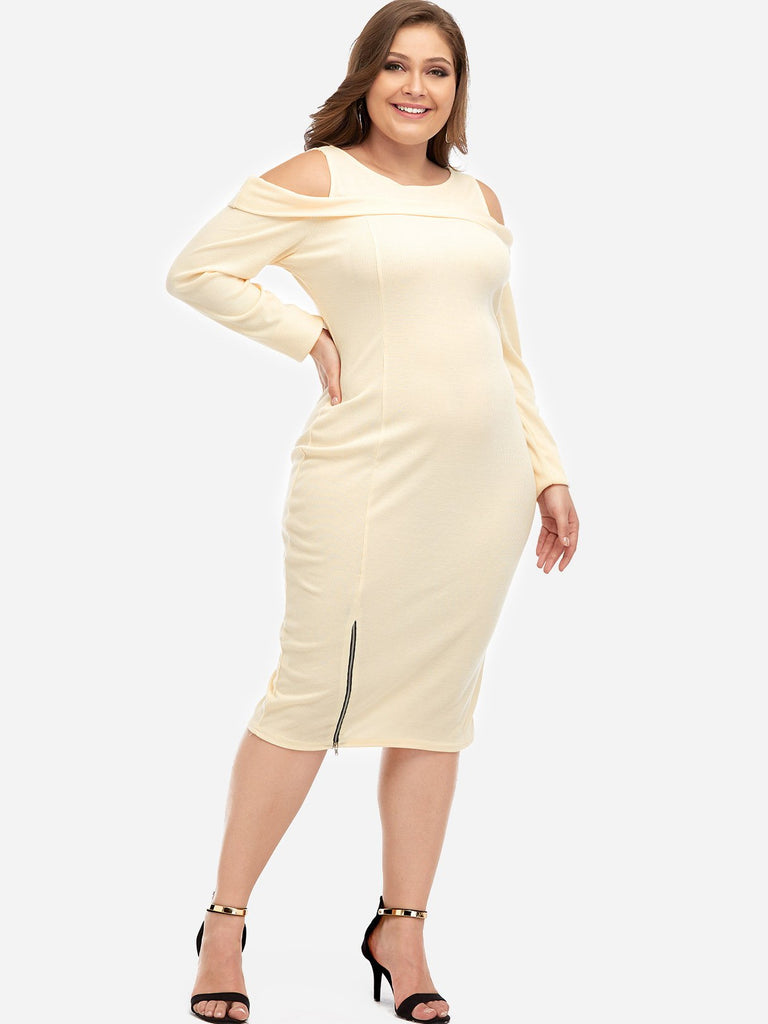 Round Neck Cold Shoulder Plain Zip Back Cut Out Long Sleeve Cream Plus Size Dresses