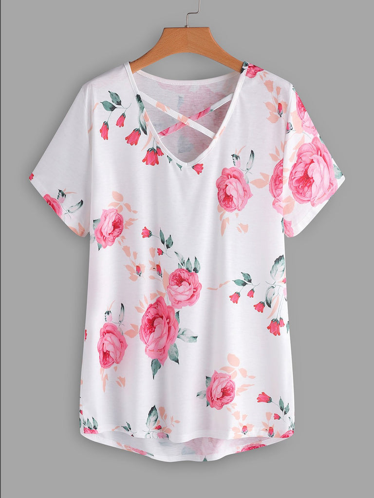 V-Neck Floral Print Criss-Cross Short Sleeve Flounced Hem Plus Size Tops