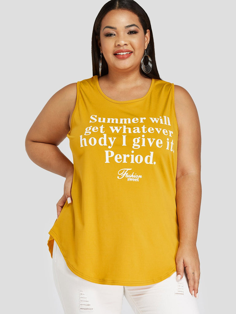 Round Neck Letter Sleeveless Yellow Plus Size Tops